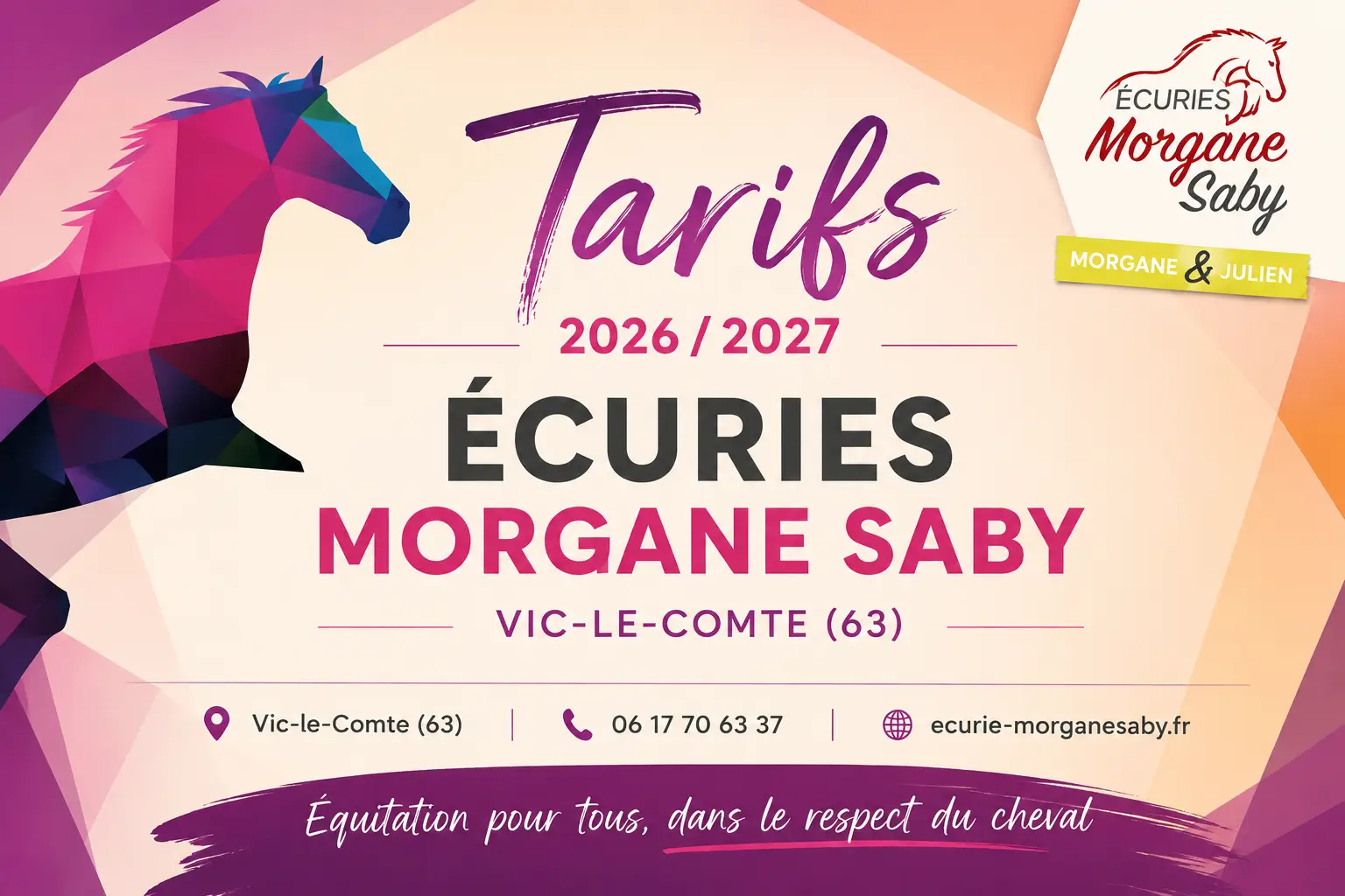 Tarifs 2026-2027 aux Écuries Morgane Saby